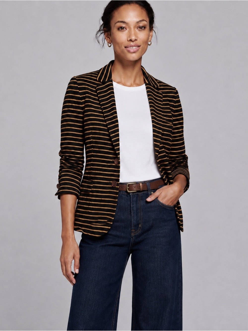 J.Crew Maritime Striped Knit Blazer Black Tan Cotton Size Small